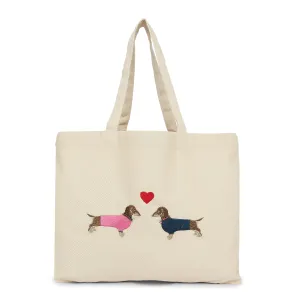 Accessorize London Women's Pure Organic Cotton Cream Sausage Dog Embroidered Shopper Bag