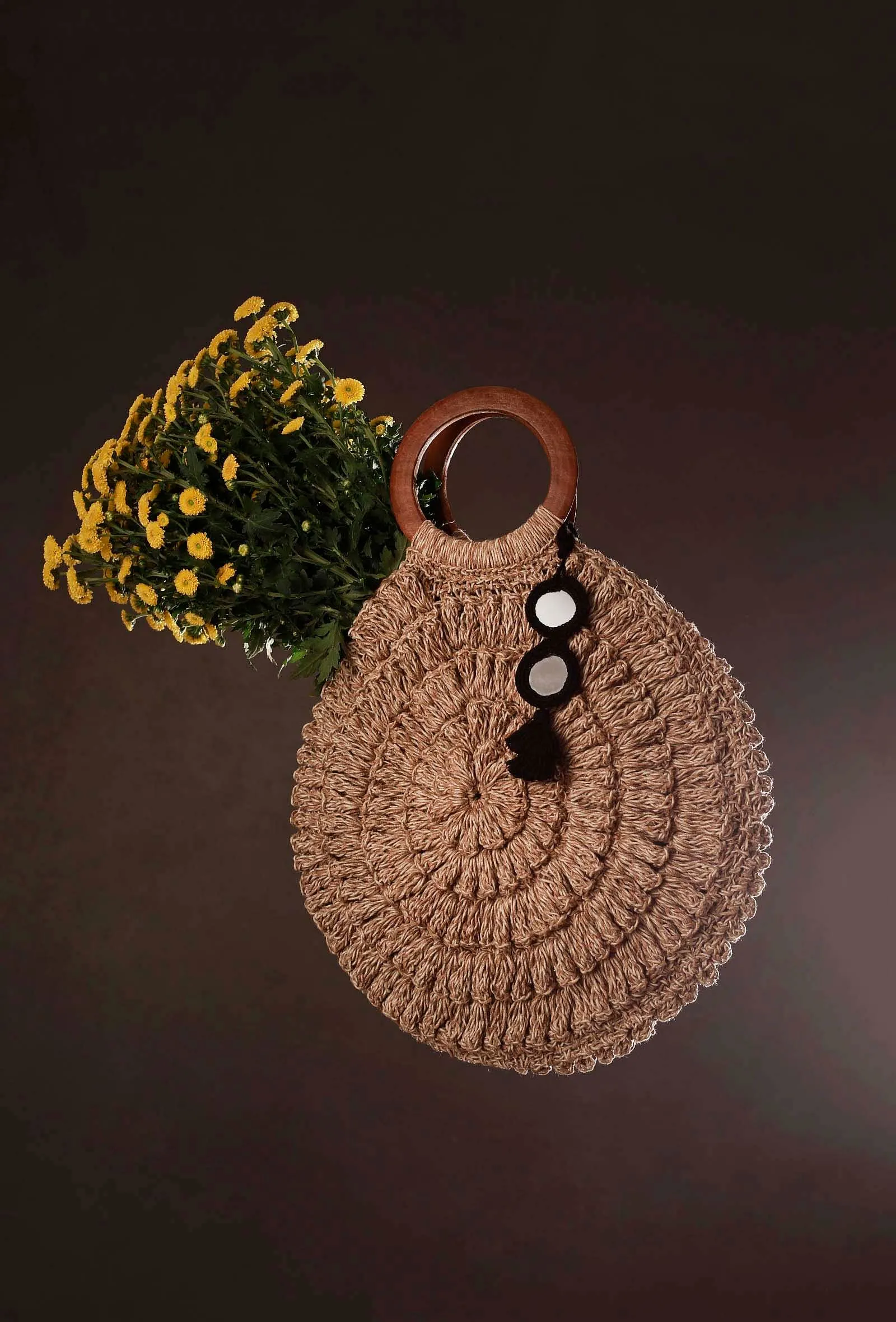 Beige Oval Jute Satchel Bag