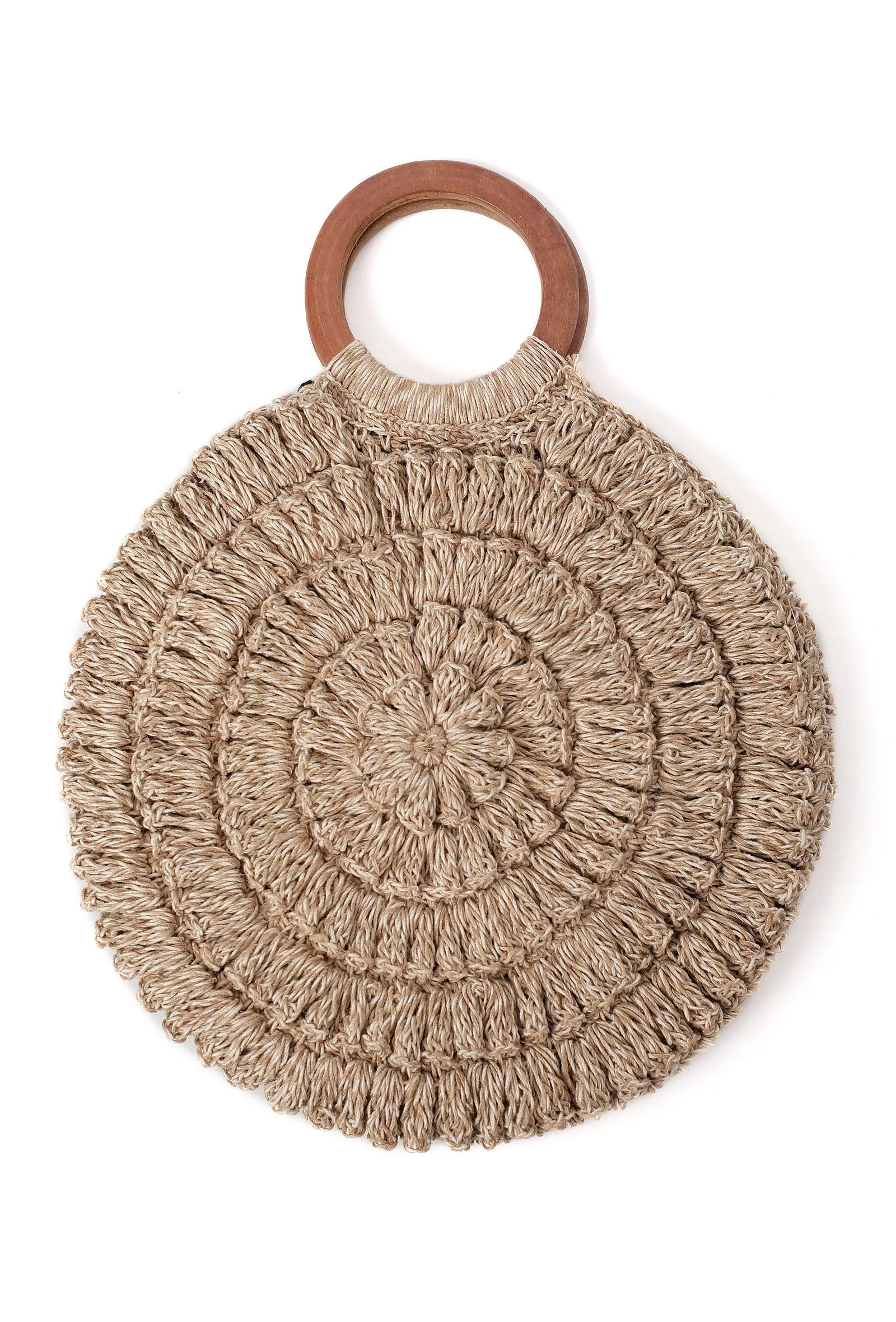 Beige Oval Jute Satchel Bag