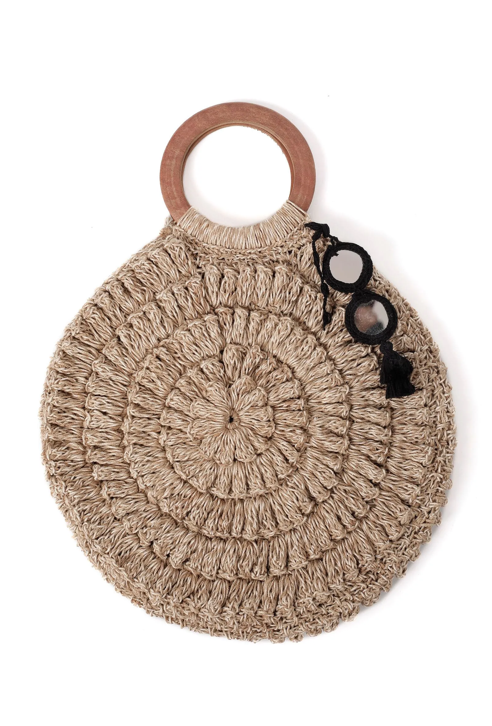 Beige Oval Jute Satchel Bag