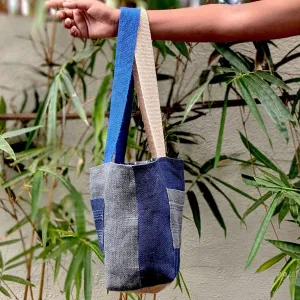 Blue & Gray Ikat Lined Jute Tote Small Bag