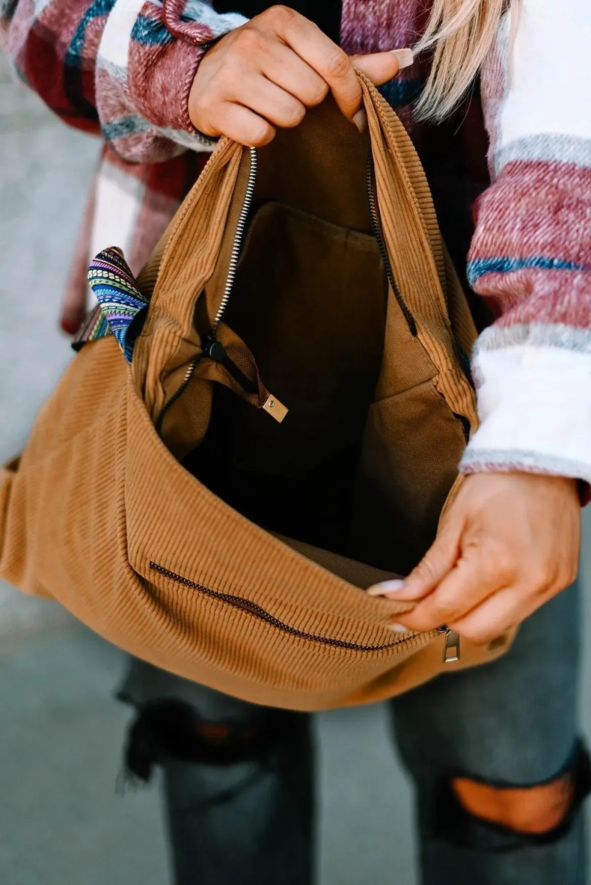 Brown Boho Print Straps Corduroy Cloth Bag