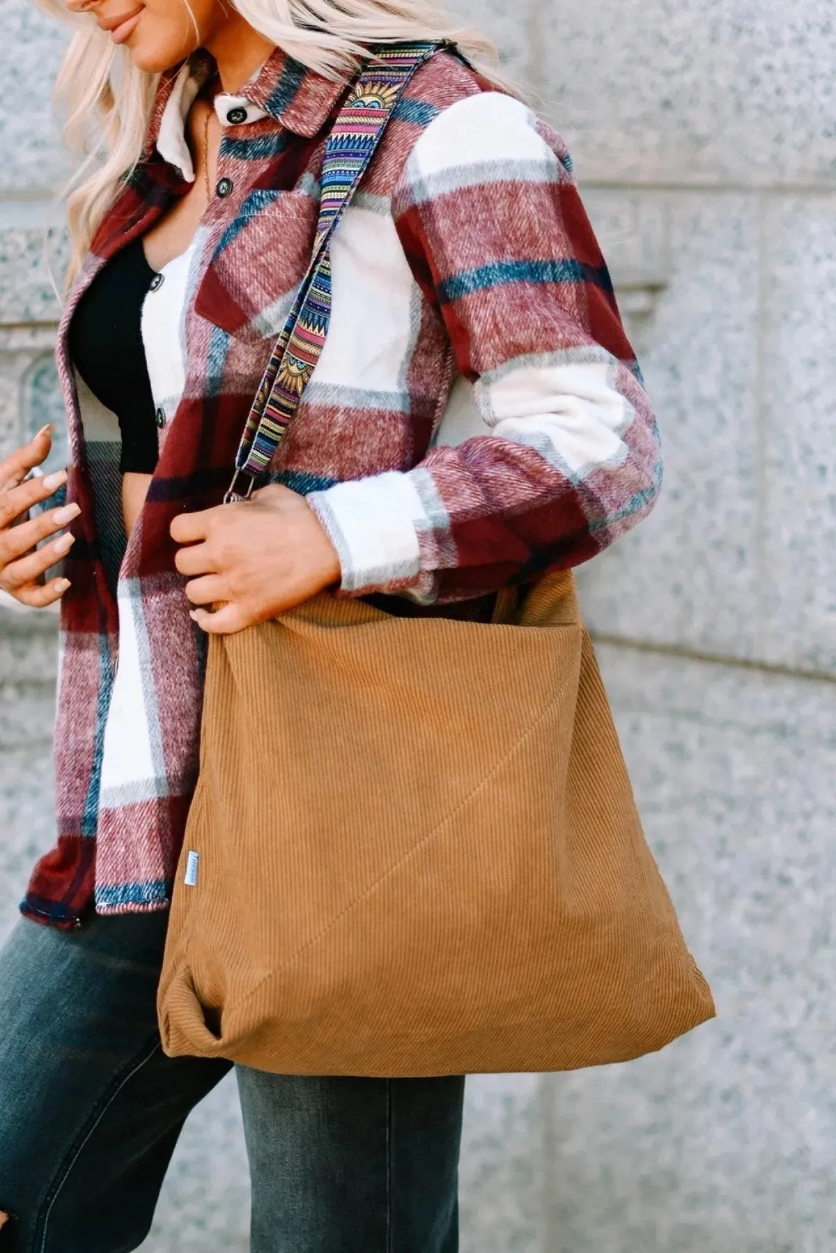 Brown Boho Print Straps Corduroy Cloth Bag