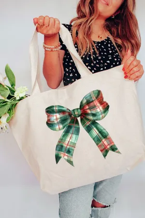 Christmas Plaid Coquette Bow Canvas Jumbo Tote