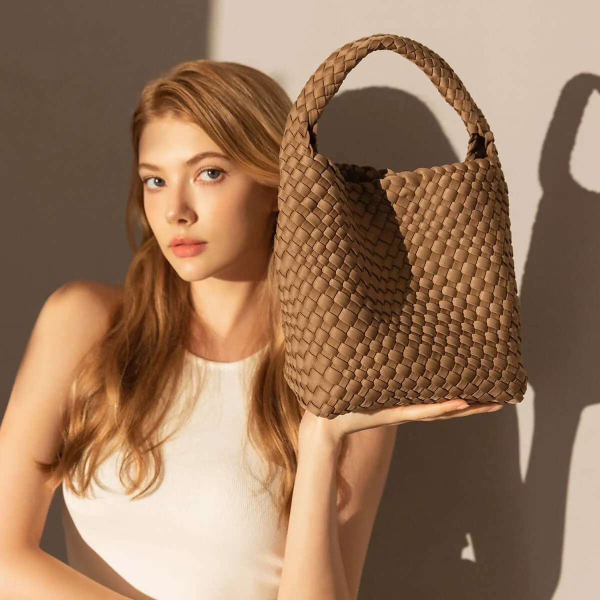 Earthy Medium Woven Top Handle Bag