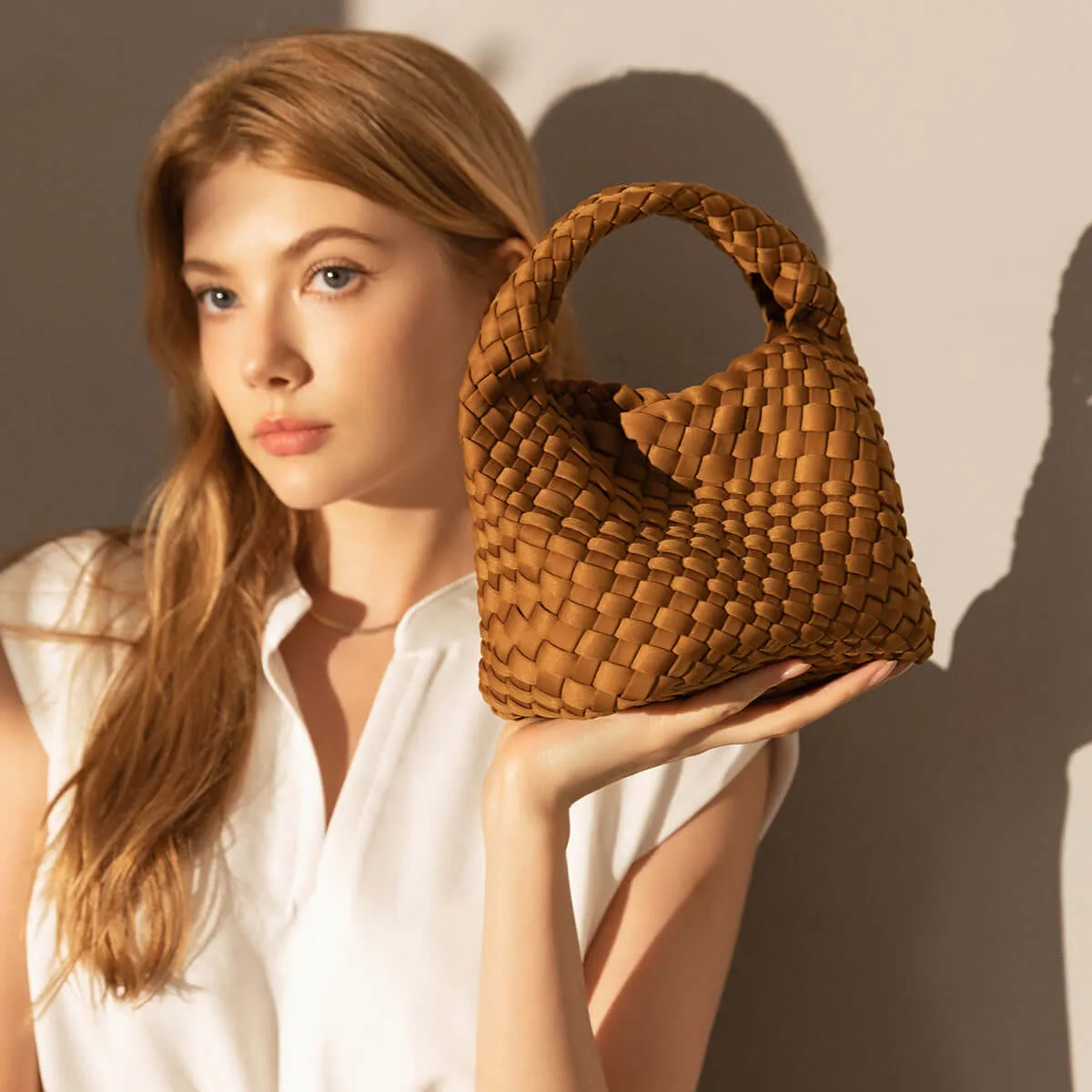 Earthy Medium Woven Top Handle Bag