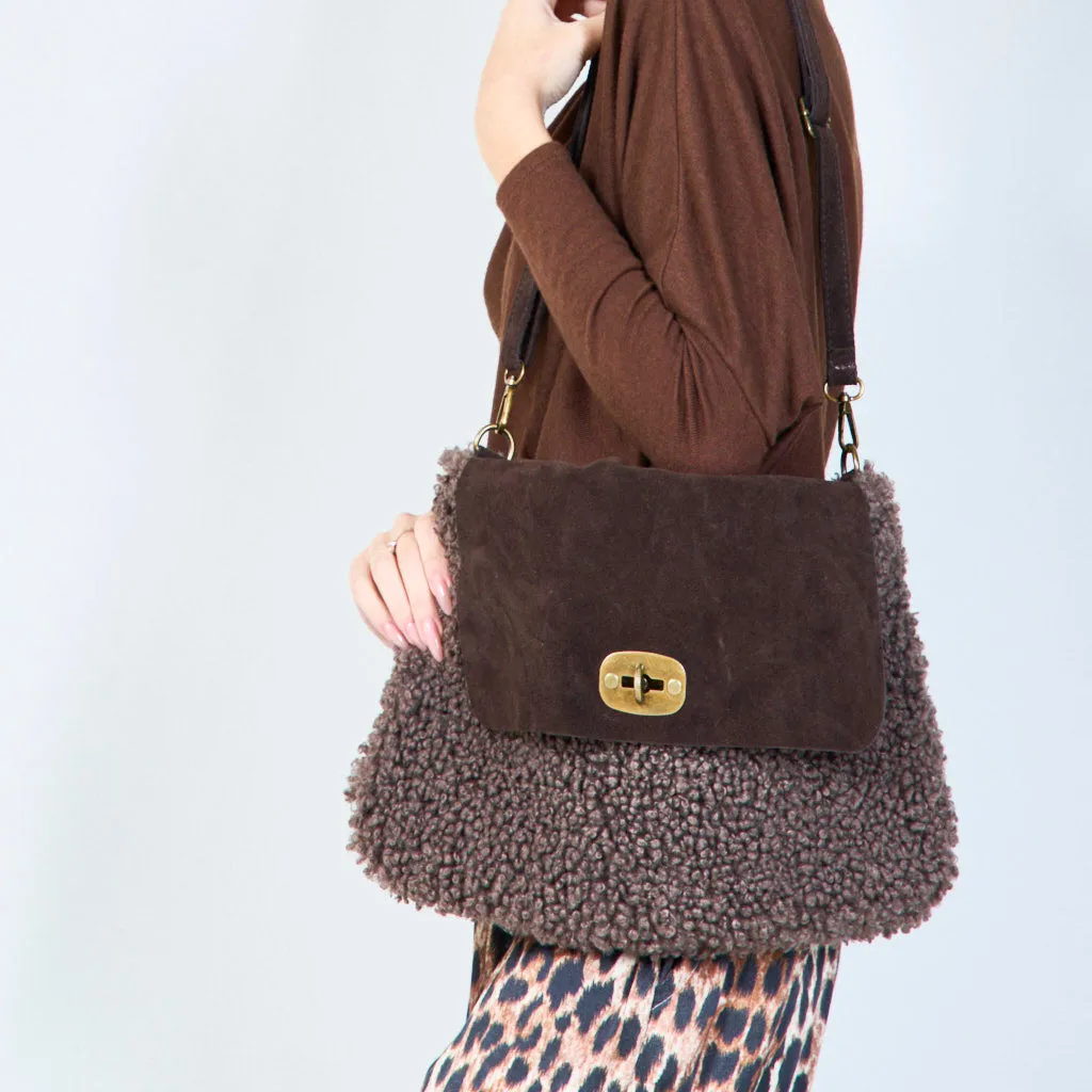 Faux shearling flap bags with twist lock wholesale