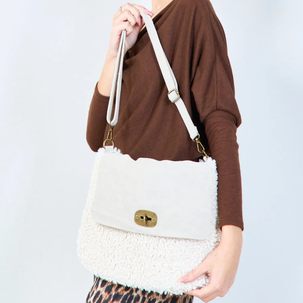 Faux shearling flap bags with twist lock wholesale