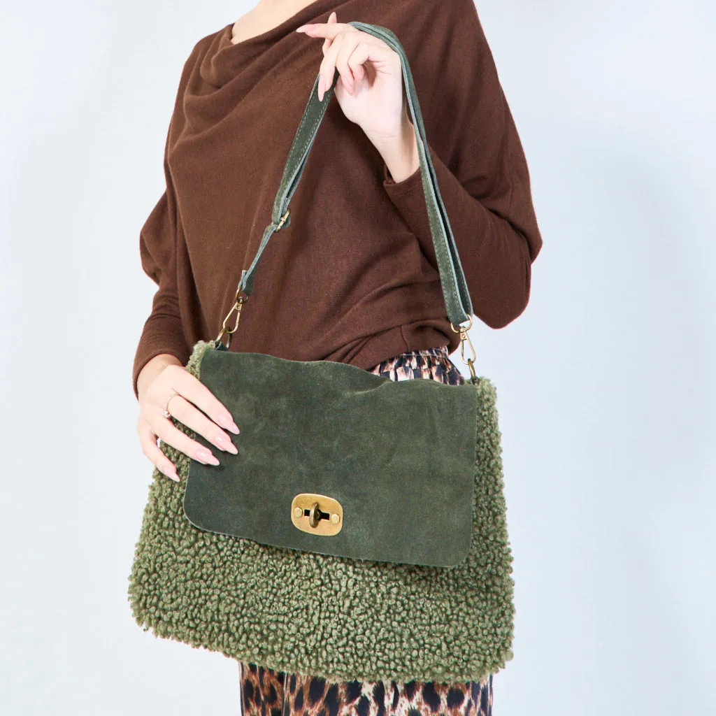 Faux shearling flap bags with twist lock wholesale