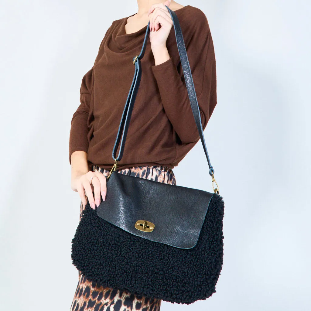 Faux shearling flap bags with twist lock wholesale