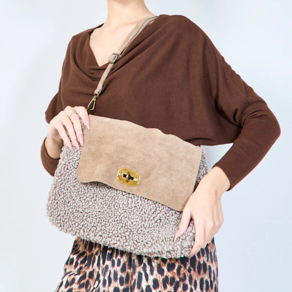 Faux shearling flap bags with twist lock wholesale