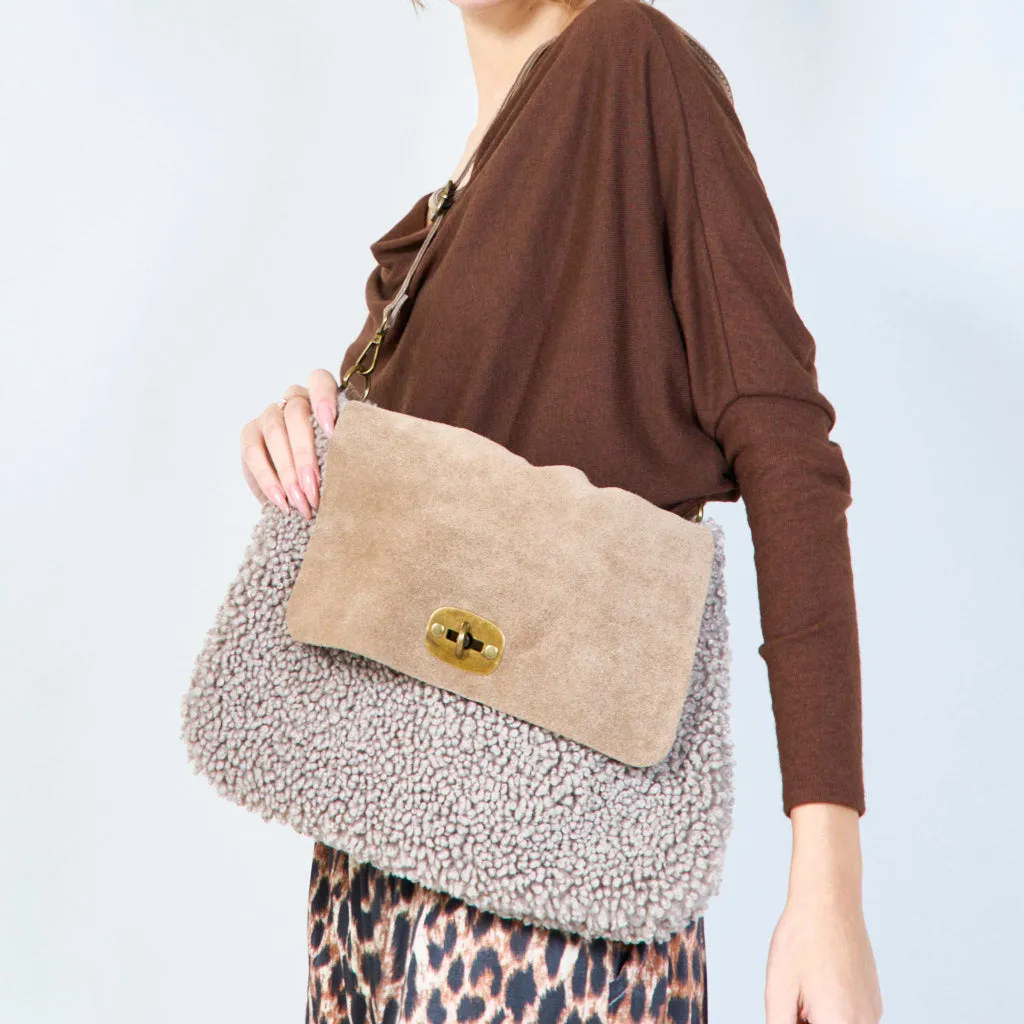 Faux shearling flap bags with twist lock wholesale