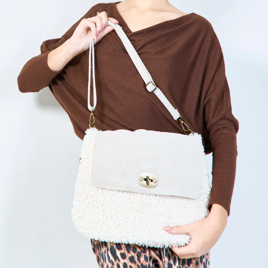 Faux shearling flap bags with twist lock wholesale