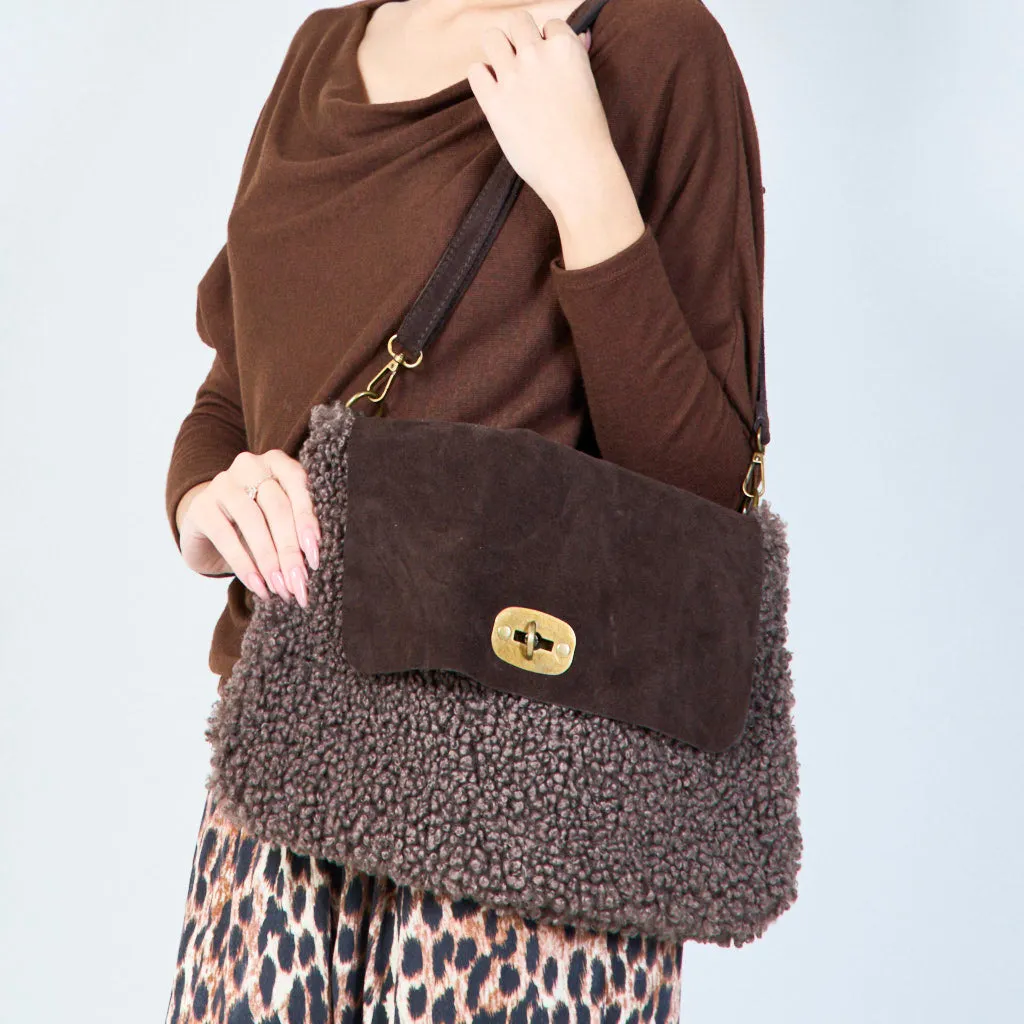 Faux shearling flap bags with twist lock wholesale