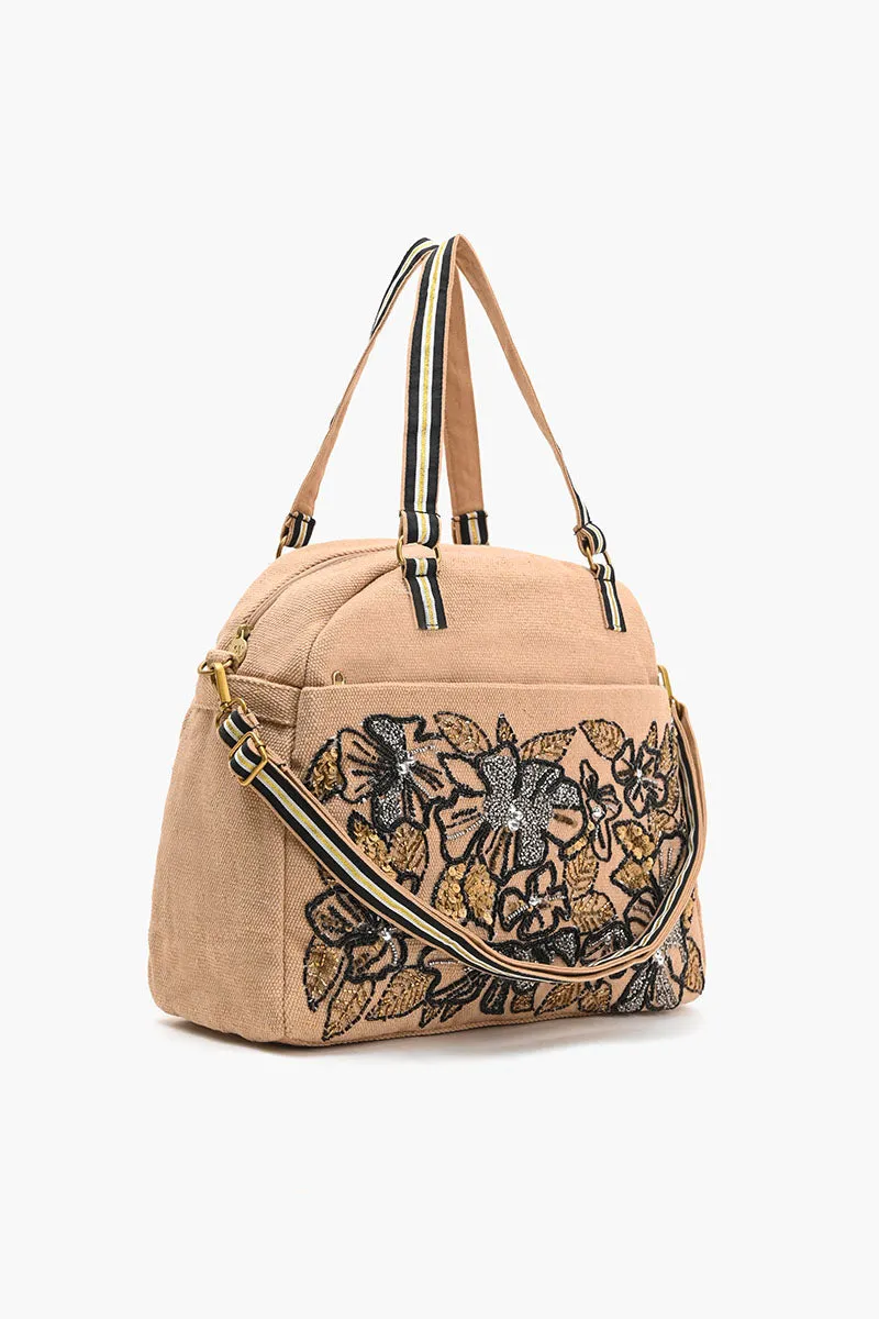 Glamorous Embellished Traveler with Crossbody-Floral Beige