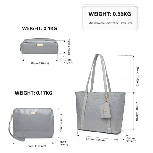 Miss Lulu 4-Piece Glossy Leather Tote Bag Set in Grey - Elegant & Versatile Handbag Collection