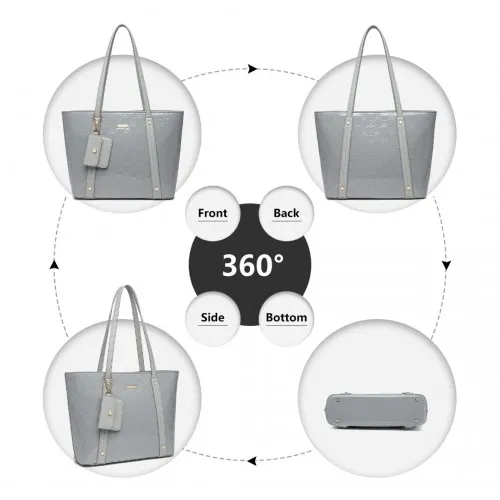 Miss Lulu 4-Piece Glossy Leather Tote Bag Set in Grey - Elegant & Versatile Handbag Collection