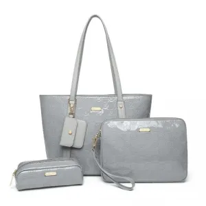 Miss Lulu 4-Piece Glossy Leather Tote Bag Set in Grey - Elegant & Versatile Handbag Collection