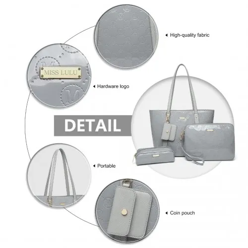 Miss Lulu 4-Piece Glossy Leather Tote Bag Set in Grey - Elegant & Versatile Handbag Collection