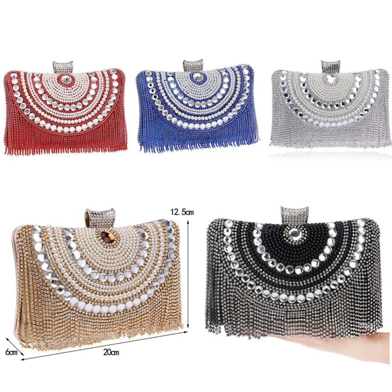 Polyester Rhinestones Diamonds And Beaded Metal Tassel Wedding Bag