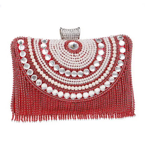 Polyester Rhinestones Diamonds And Beaded Metal Tassel Wedding Bag