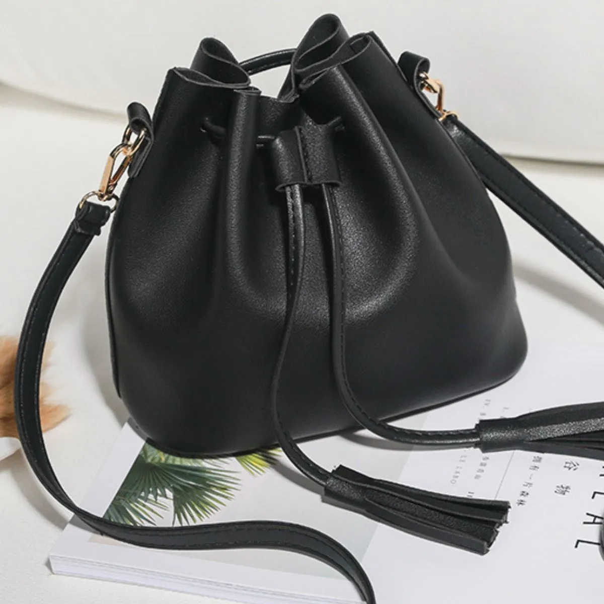 PU Leather Bucket Bag with Tassel