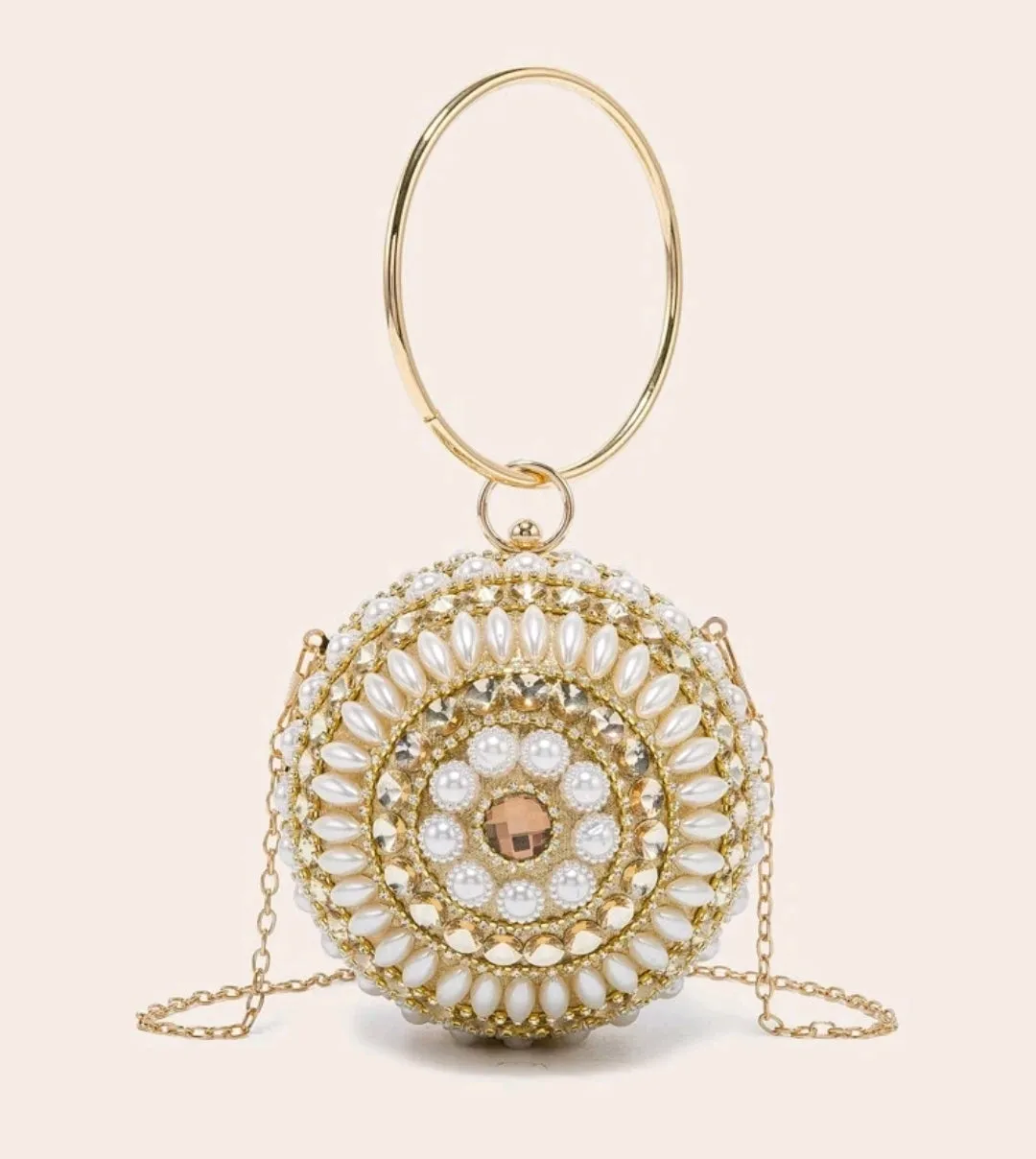 Rhinestone & faux pearl decor chain circle bag.