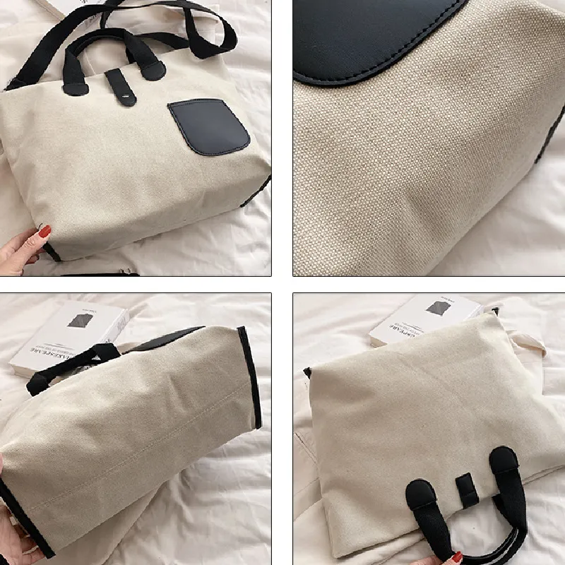 Sohiwoo Canvas Large Capacity Color Contrast Tote Bag Crossbody Shoulder Bag Casual Versatile Commuter Bag