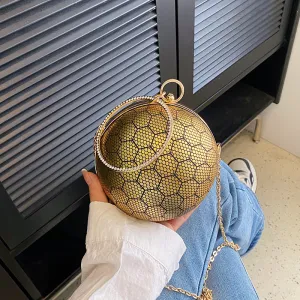 Sohiwoo Circle Evening Bag with Rhinestone Ring Clutch Purse Round Ball Shaped Handbag Mini Chain Crossbody Bag