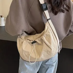 Sohiwoo New Niche Design Nylon Shoulder Bag Fashionable Solid Color Pleated Crossbody Bag Casual Versatile Classroom Commuting SaddleBag