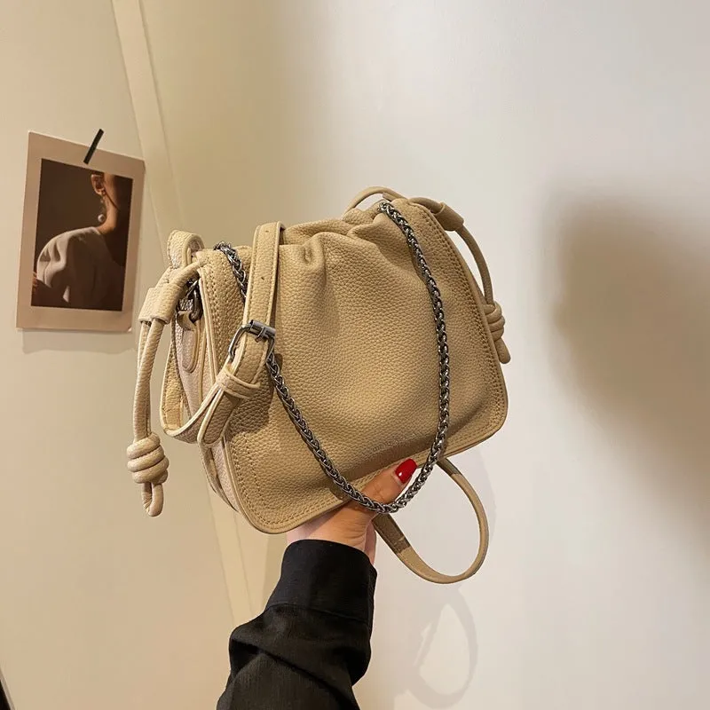 Sohiwoo Trendy Litchi Pattern Drawstring Crossbody Bag Solid Color Sling Bag Shoulder Bag For Every Day