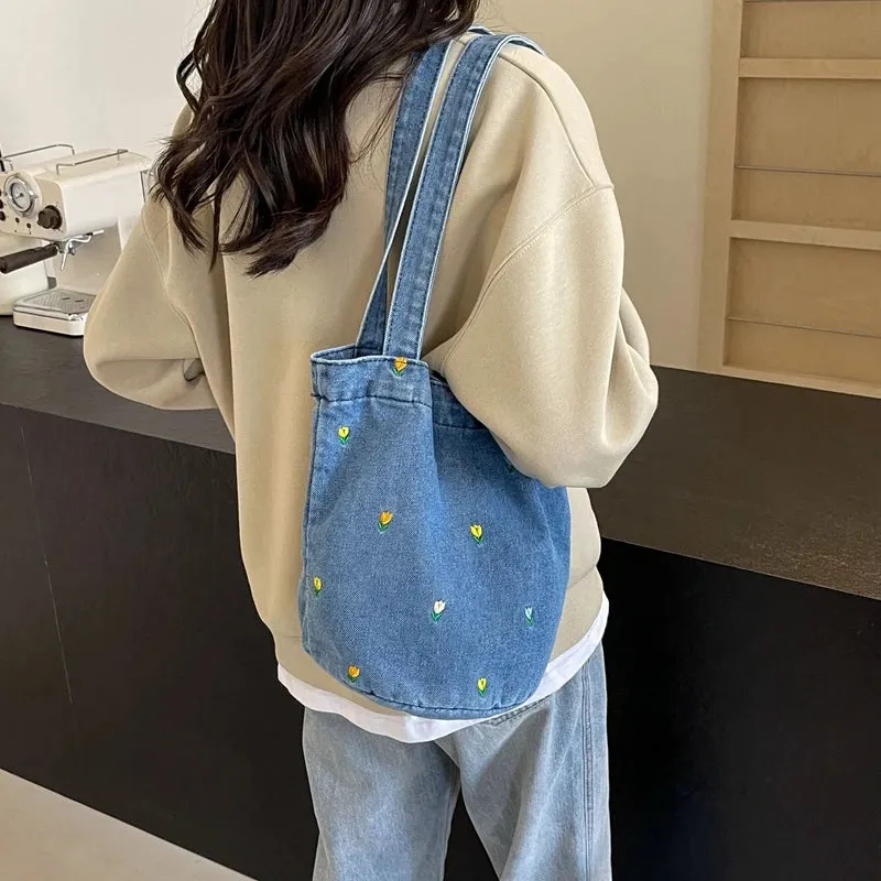 Sohiwoo Versatile Denim Embroidery Fashionable Women's Shoulder Bag 2024 New Trend Large Capacity Bucket Bag Handbag