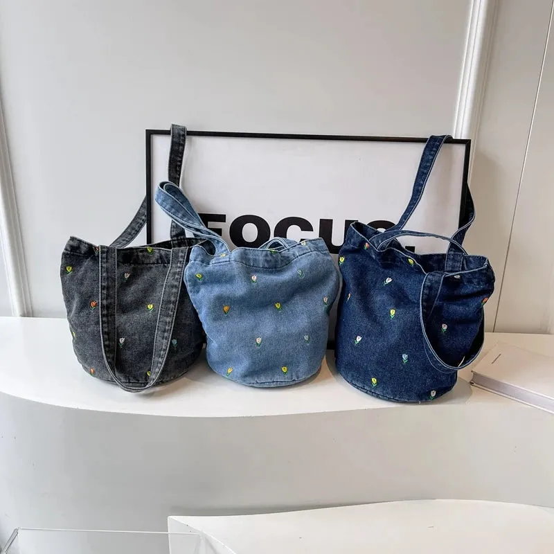 Sohiwoo Versatile Denim Embroidery Fashionable Women's Shoulder Bag 2024 New Trend Large Capacity Bucket Bag Handbag