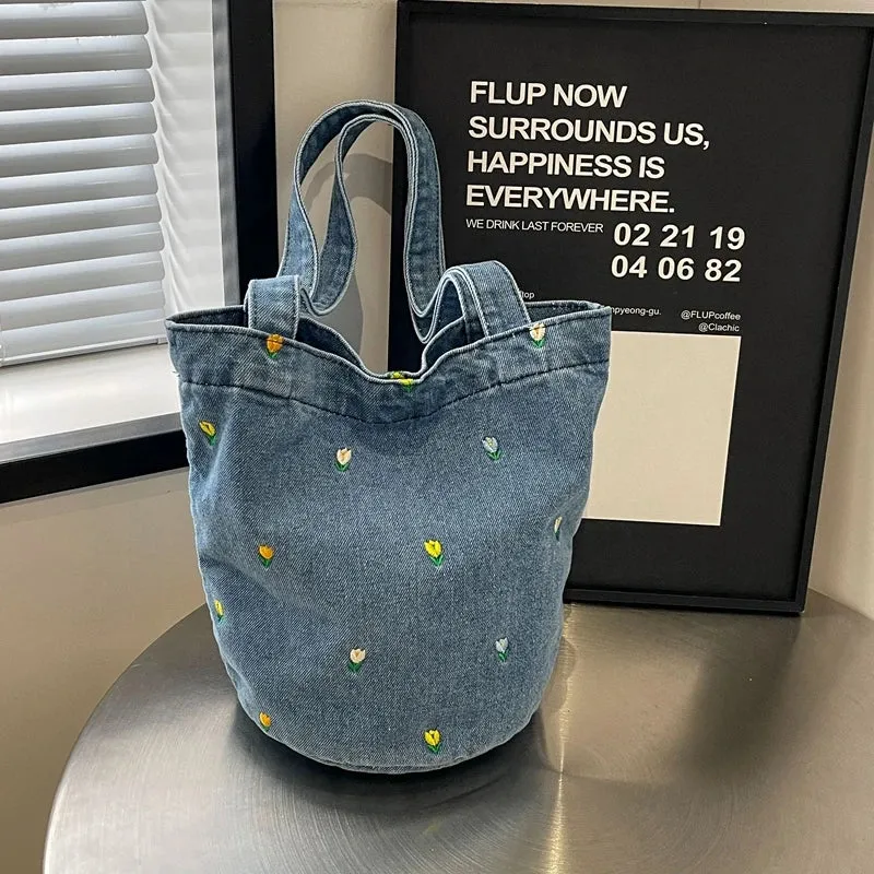 Sohiwoo Versatile Denim Embroidery Fashionable Women's Shoulder Bag 2024 New Trend Large Capacity Bucket Bag Handbag