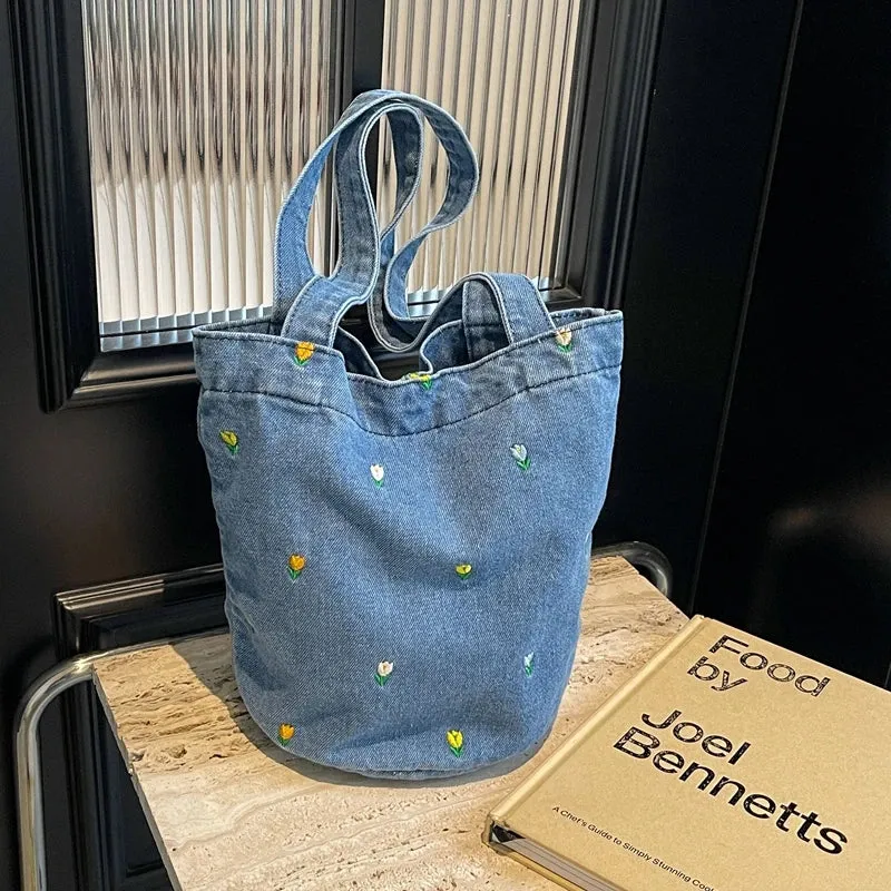 Sohiwoo Versatile Denim Embroidery Fashionable Women's Shoulder Bag 2024 New Trend Large Capacity Bucket Bag Handbag