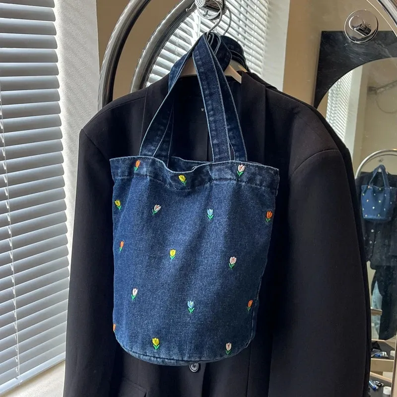 Sohiwoo Versatile Denim Embroidery Fashionable Women's Shoulder Bag 2024 New Trend Large Capacity Bucket Bag Handbag