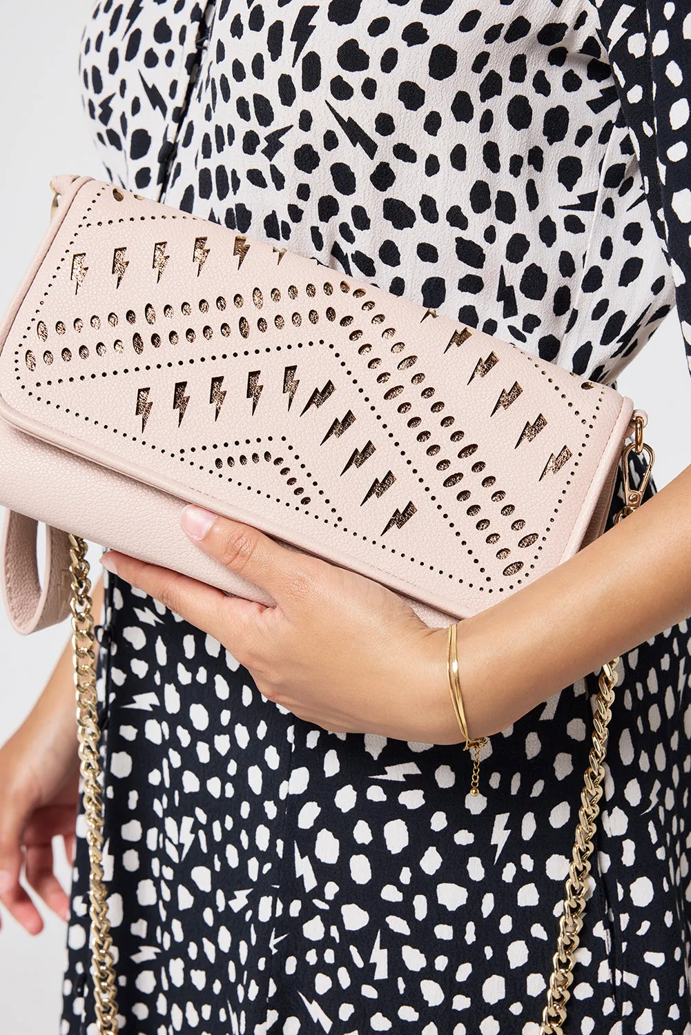 Taupe with Gold Lightning Bolt Laser Cut Clutch Bag