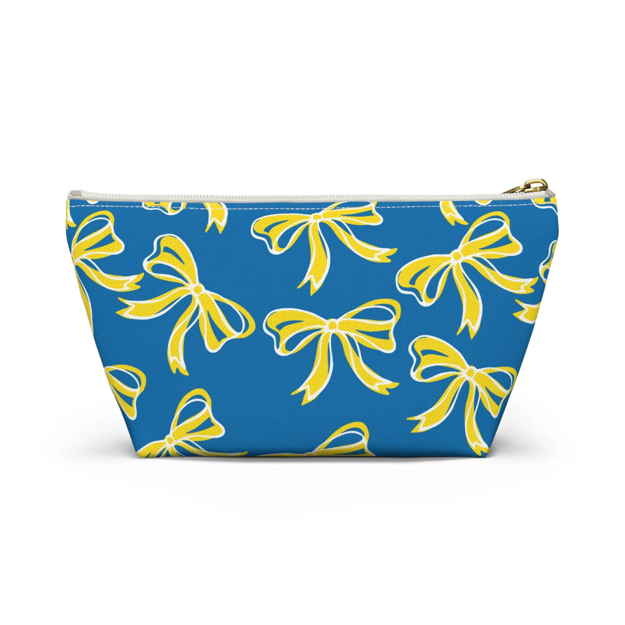 Trendy Bow Makeup Bag - Graduation Gift, Bed Party Gift, Acceptance Gift, College Gift, Delaware, Blue and Yellow, Blue Hens