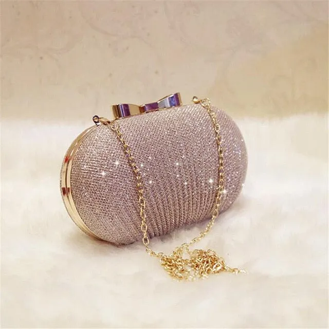 Women Shiny Gold Metal Bow Clutch Bag