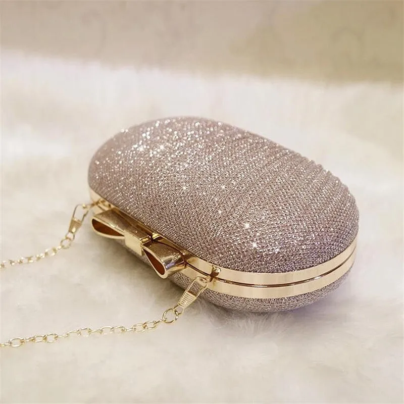 Women Shiny Gold Metal Bow Clutch Bag