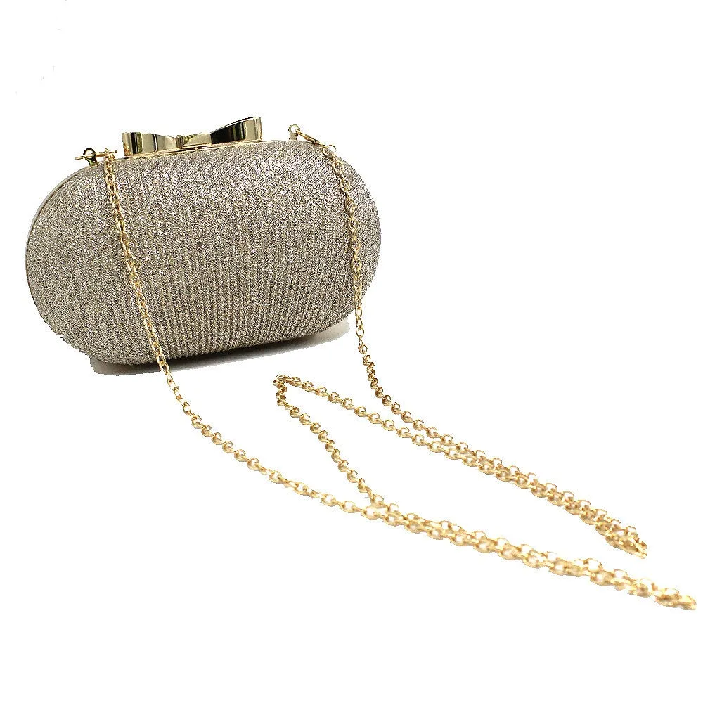 Women Shiny Gold Metal Bow Clutch Bag