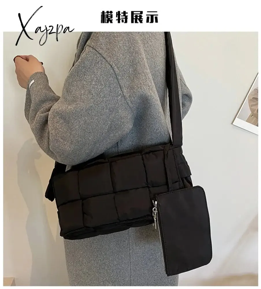 Xajzpa - Winter Woven Cotton Women Crossbody Bag Designer Down Padded Shoulder Bags for Women Brands Space Handbags and Purses Flap