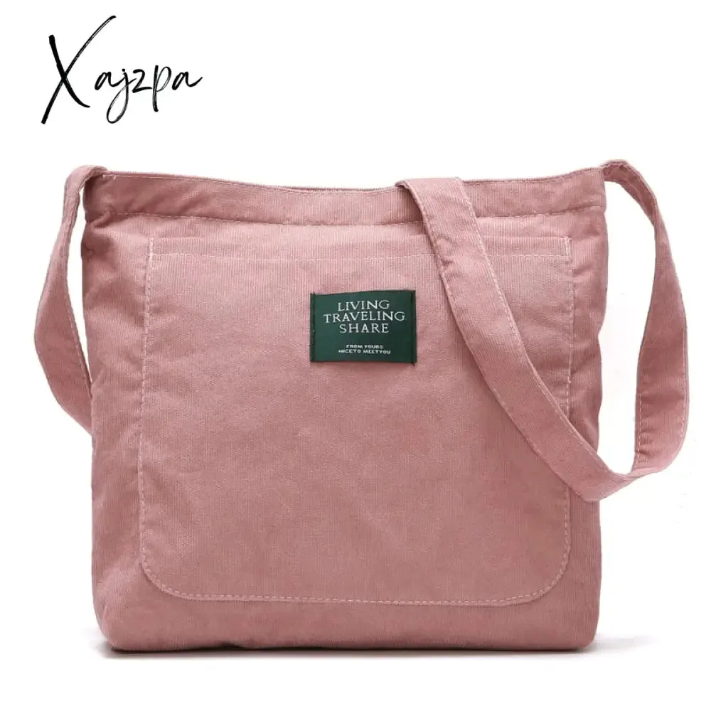 Xajzpa - Women Corduroy Shoulder Bag Quality Canvas Crossbody Bags Simple Cloth Fabric Handbag Tote Solid Zipper Messenger Bags For Girls