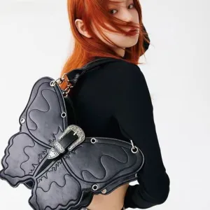 Y2K Leather Capacity PU Versatile Gothic Punk Butterfly Trend Large Bag